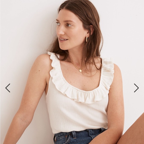 Madewell Women's Small Antique Cream Ribbed Pointelle Ruffled Scoop Tank Top - Picture 2 of 10